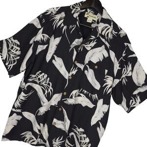 Havana Cafe Men's 100% Silk Hawaiian Button-Up Shirt Sz Large Floral Black White